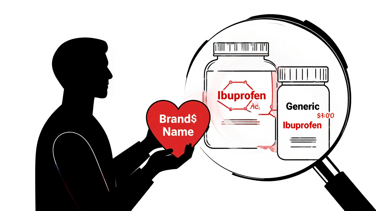 A person holding a heavy branded pill bottle next to a light generic one, with the same chemical structure visible inside both.