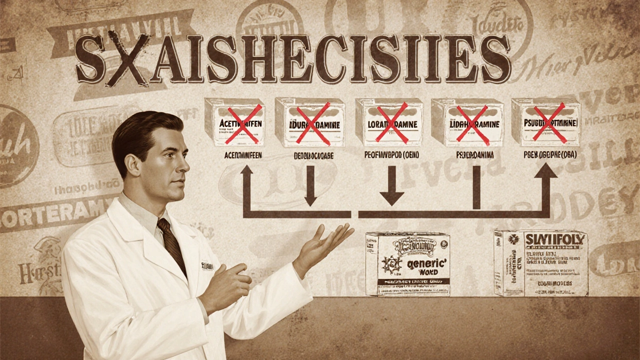 Vintage-style pharmacy poster showing common active ingredients with generic options below, brand names crossed out.