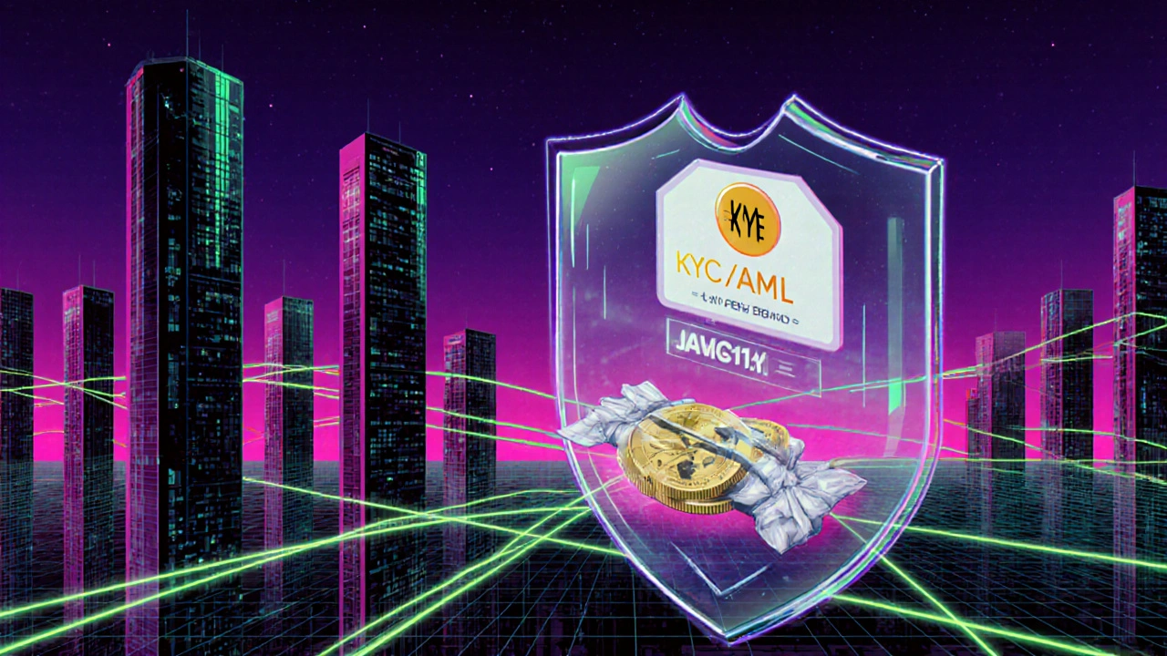 Cyber‑punk city with validator towers, data lines, and a compliance shield over token flow.