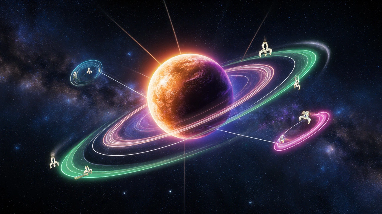 Futuristic scene of multiple sidechains orbiting a central hub.