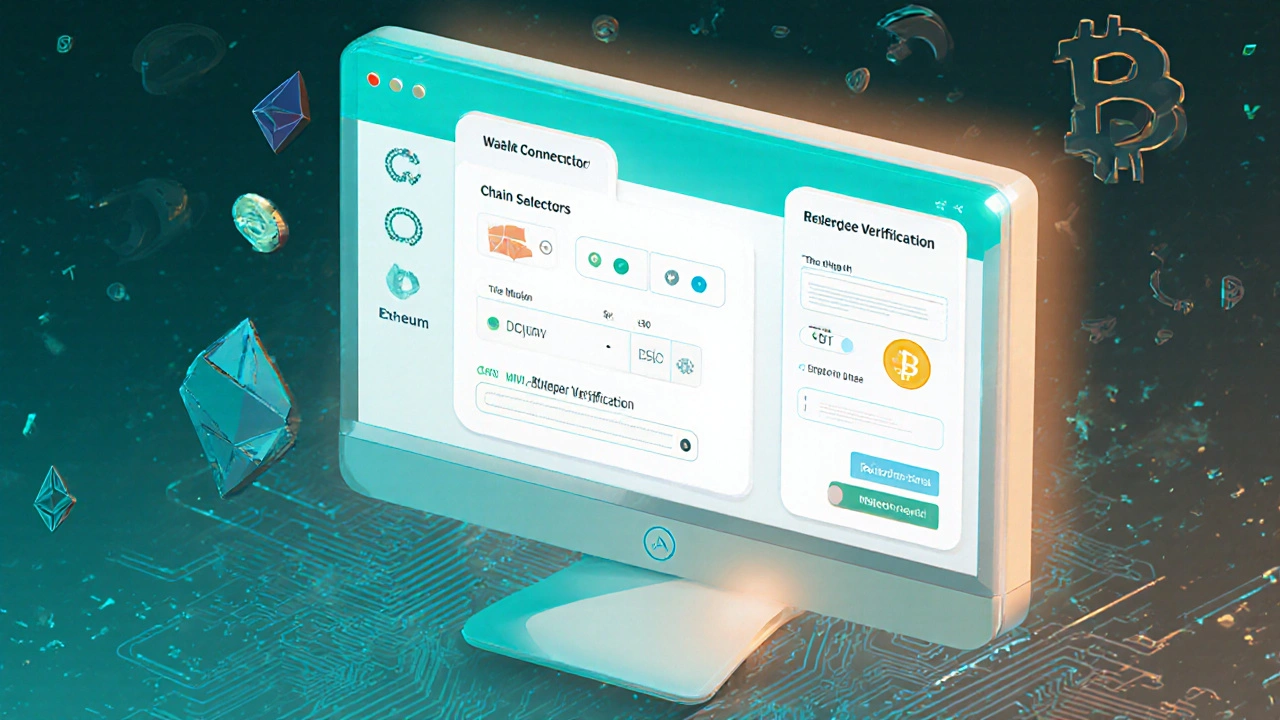Isometric UI scene of wallet connection, chain selection, approval, deposit, and minting steps.