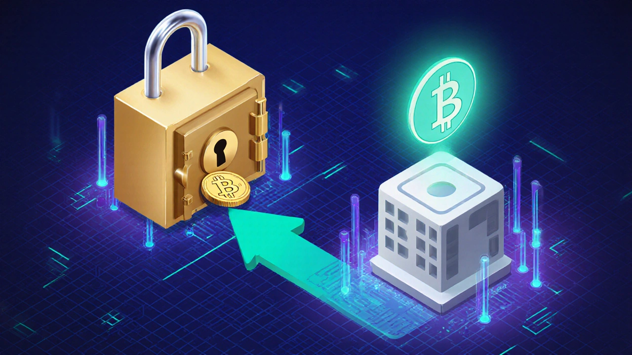 Isometric view of assets locking on Bitcoin and minting on a sidechain.