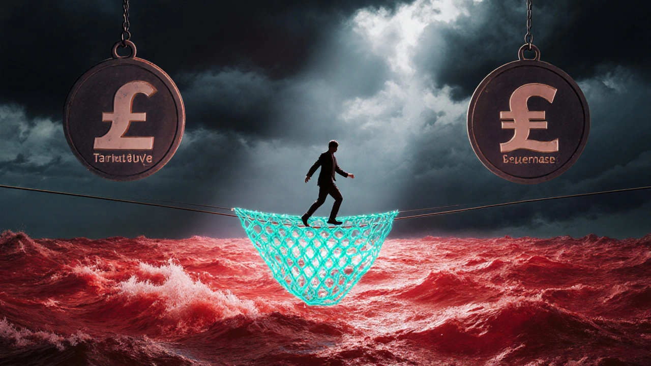 Tightrope walker balances over volatile market waves with a stablecoin safety net.