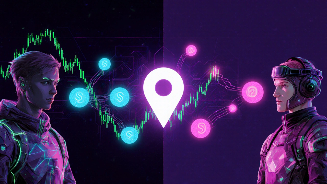 Two traders exchange glowing tokens while price lines converge toward an index.