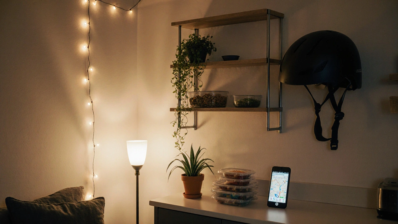 A cozy small apartment with warm lighting, vertical shelves, meal prep containers, and a bike helmet on the wall.
