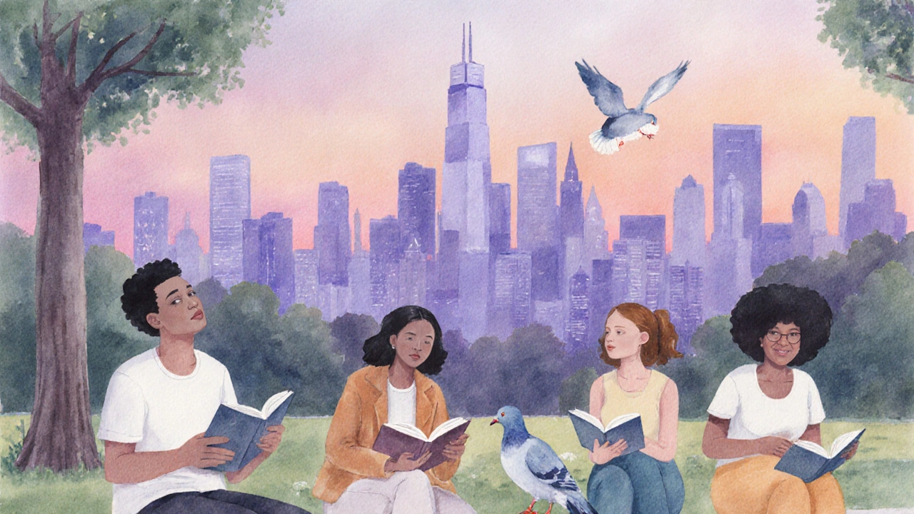 A group of people relaxing peacefully in a city park at sunset, with a hazy skyline in the background.