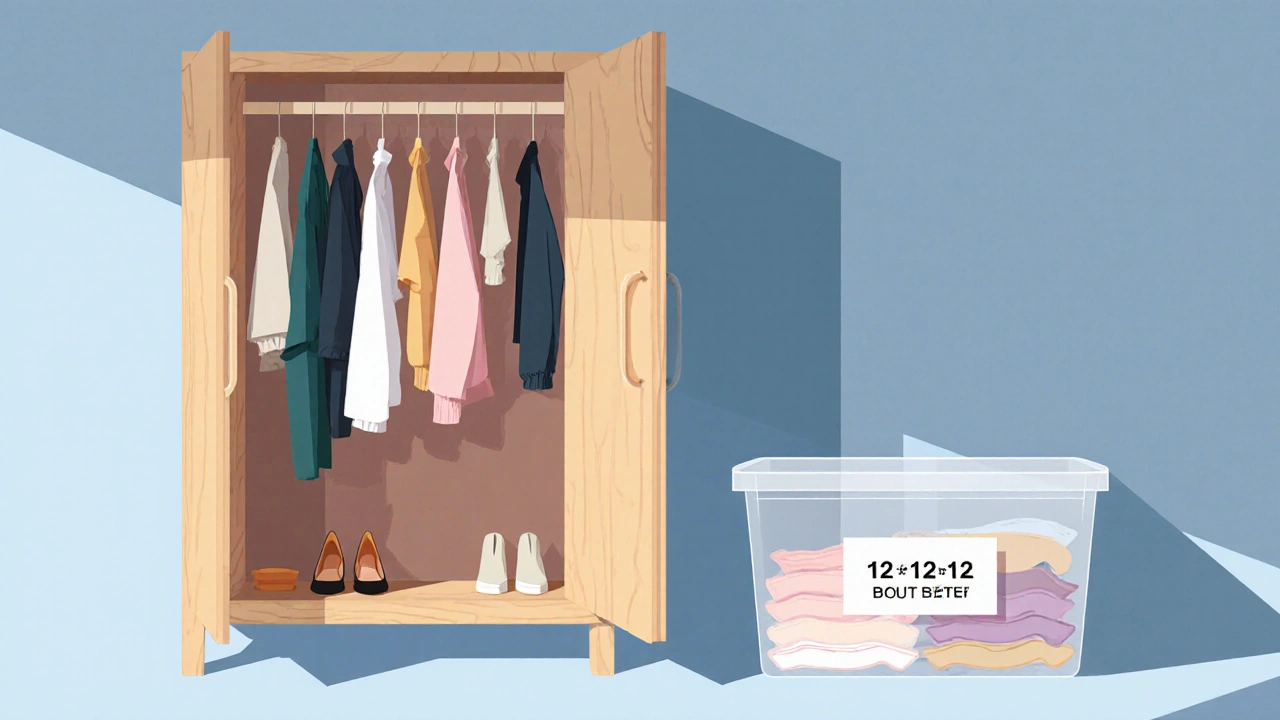A tidy closet showing a curated capsule wardrobe with a seasonal storage bin.
