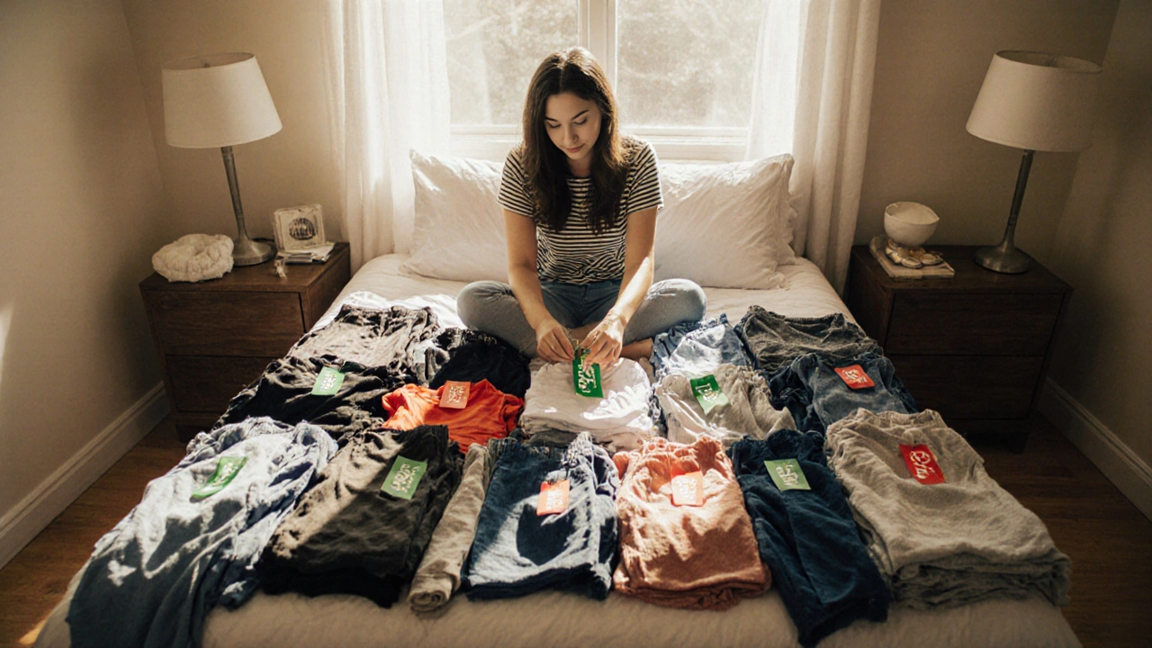 A woman sorting clothes on a bed into keep, store, and donate piles.