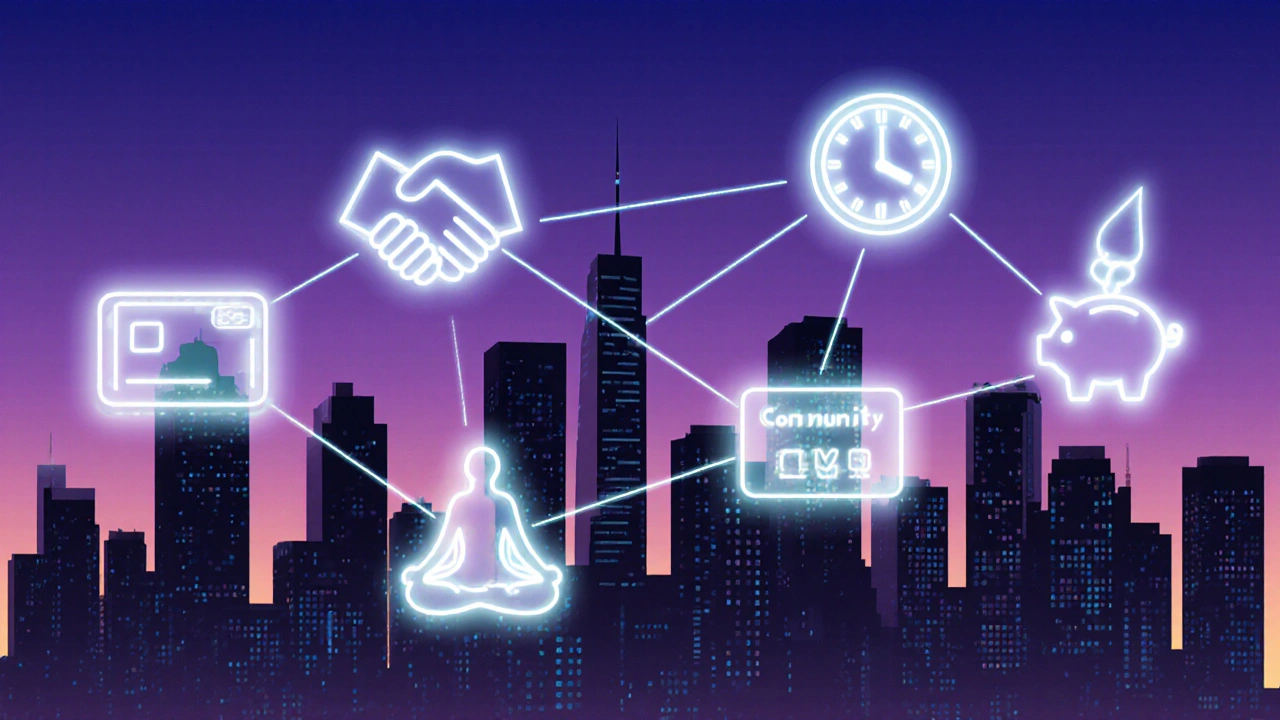 City skyline collage with icons for transit, networking, finance, and wellness.