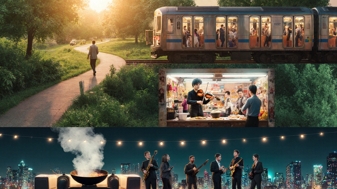 Collage of a park walk, subway ride, street‑food stall, and rooftop jazz concert.