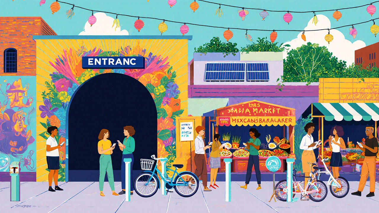 Colorful street scene with subway entrance, bike‑share, and multicultural food stalls.