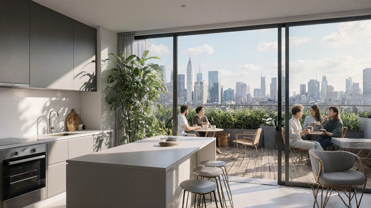 Cozy micro‑apartment interior with large windows and a view of a communal rooftop garden.