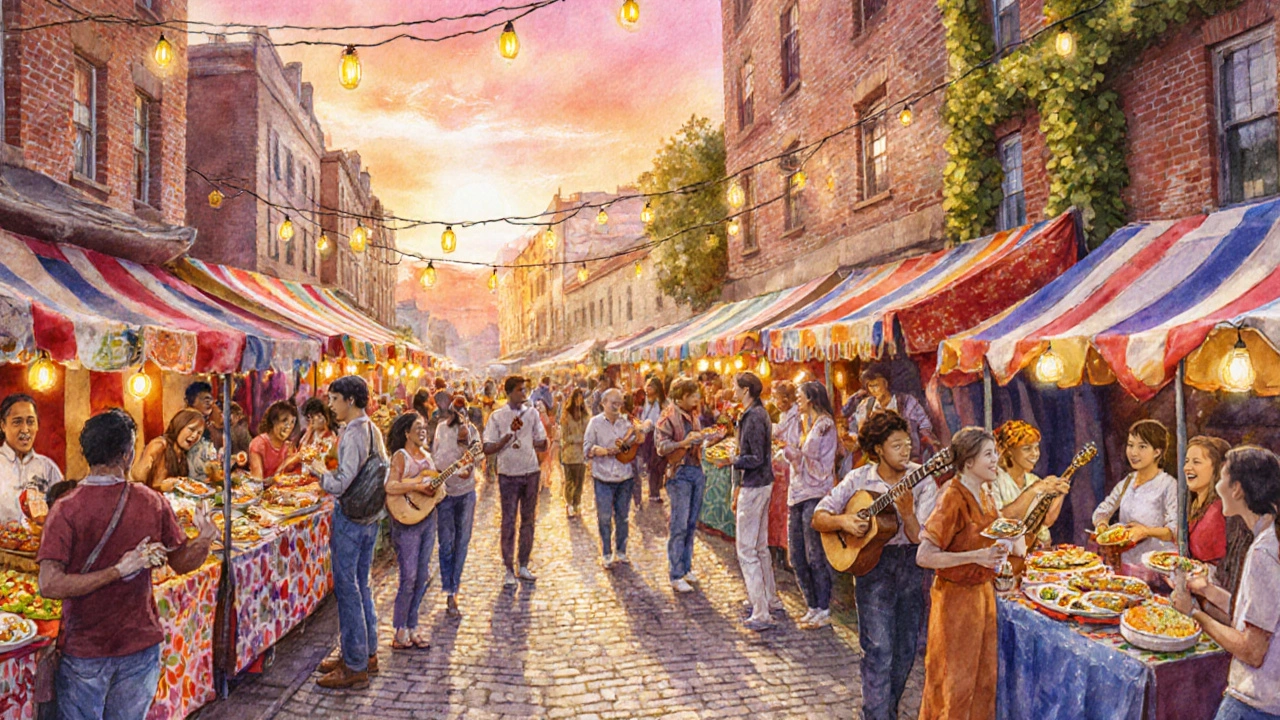 Crowded street festival with diverse food stalls and people interacting.