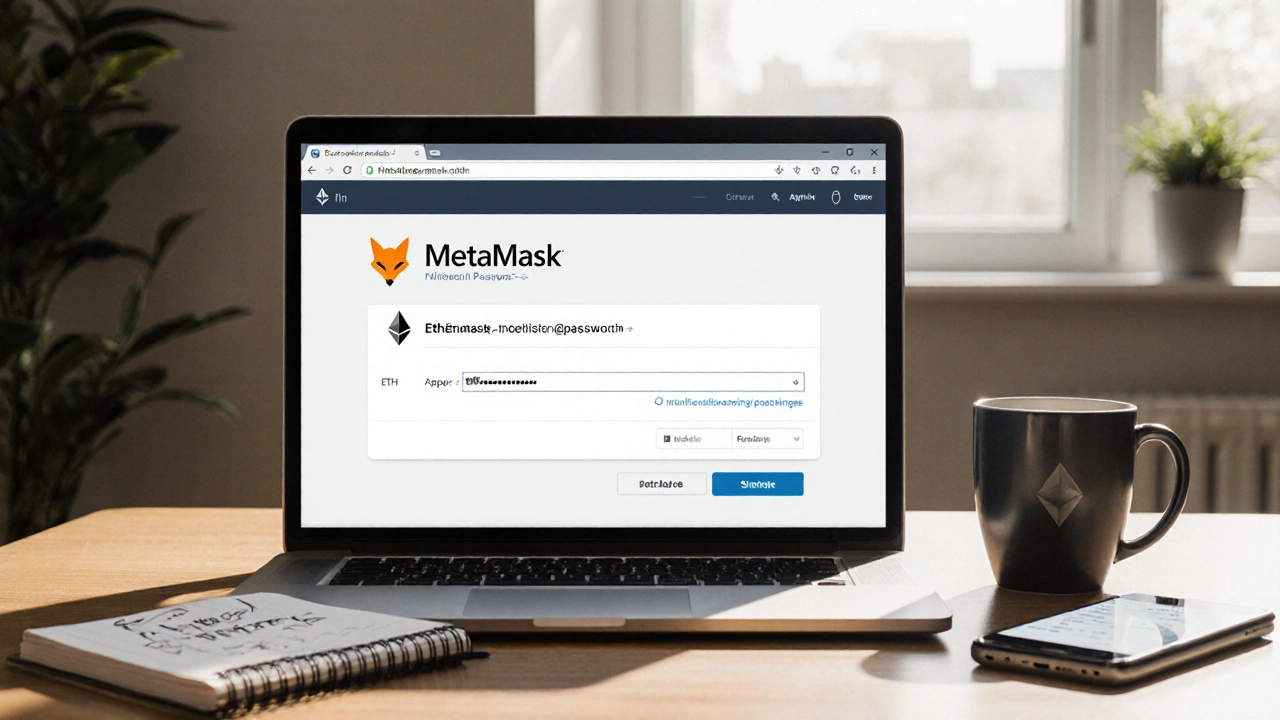 Desk scene showing MetaMask popup, ETH purchase on phone, and seed phrase notes.