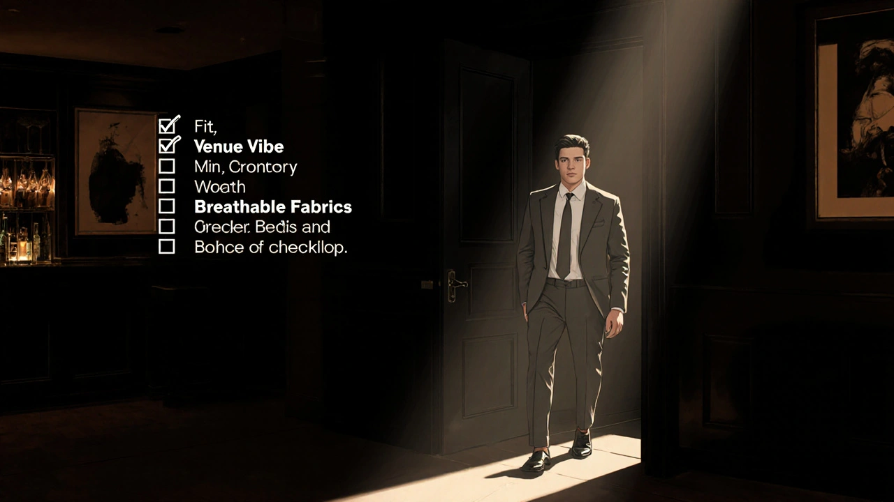 Figure in after‑5 outfit entering a night venue, highlighted by soft spotlight.