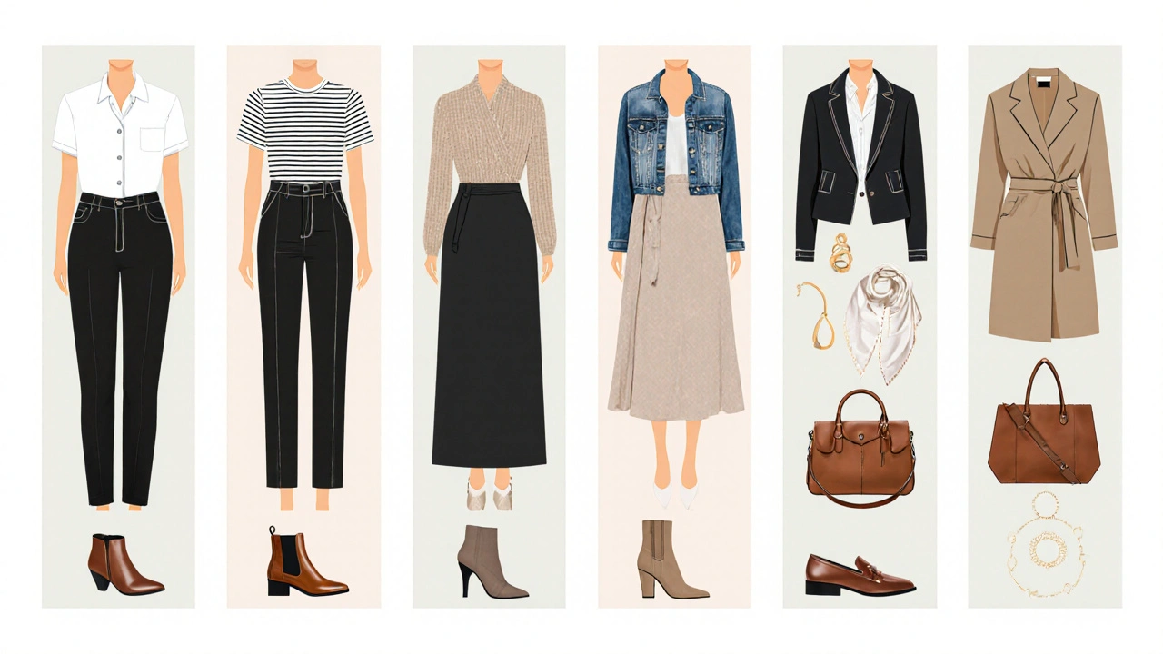 Flat lay of the 33‑piece wardrobe items: tops, bottoms, dresses, outerwear, shoes, accessories.
