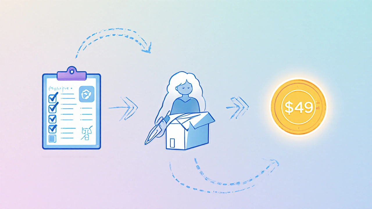 Illustrated flow showing style quiz, stylist, shipping box, and a fee coin.
