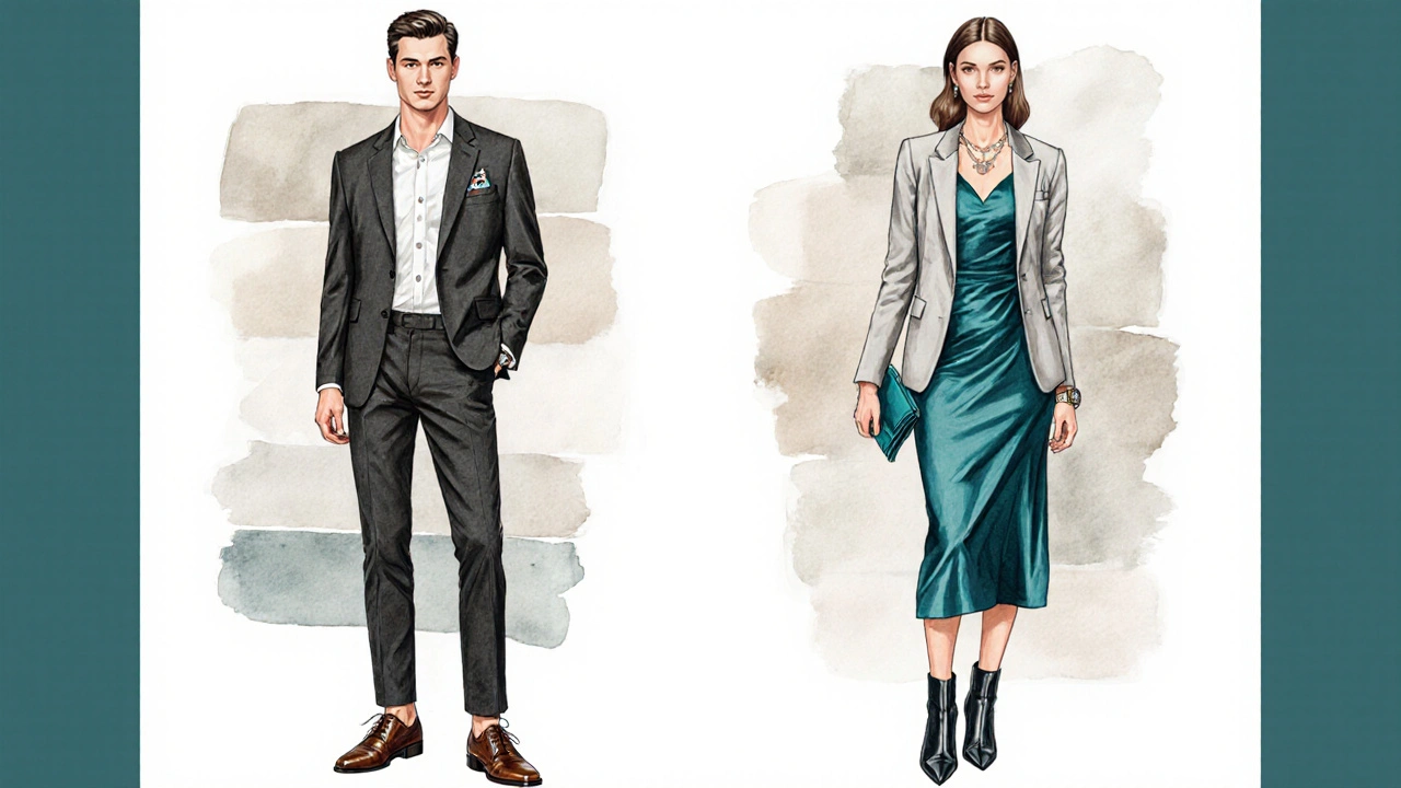 Illustration showing men&#039;s and women&#039;s after‑5 outfits with key clothing items.