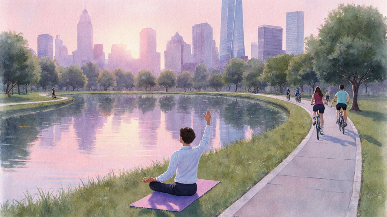Morning park scene with yoga, jogging, and city skyscrapers reflected in a pond.