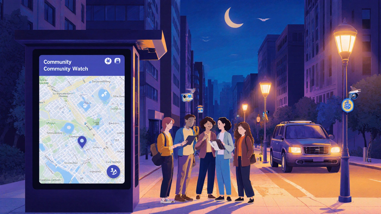 Night city block with smart streetlights, community watch group, and subtle security tech.