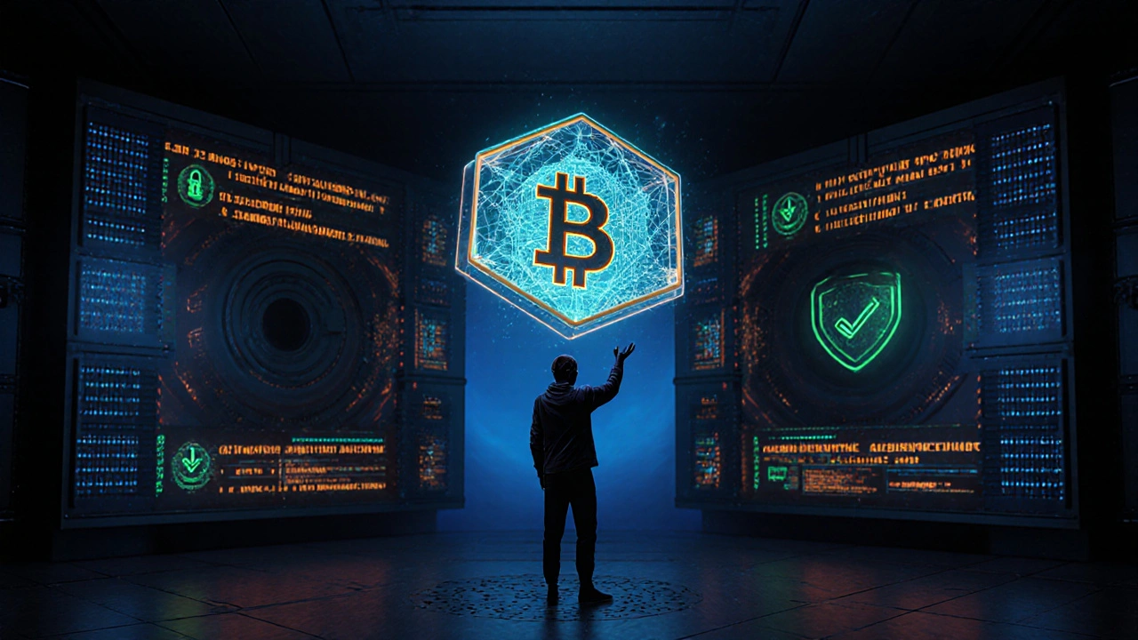 Person holding a glowing holographic NFT in a high‑tech vault with security symbols.