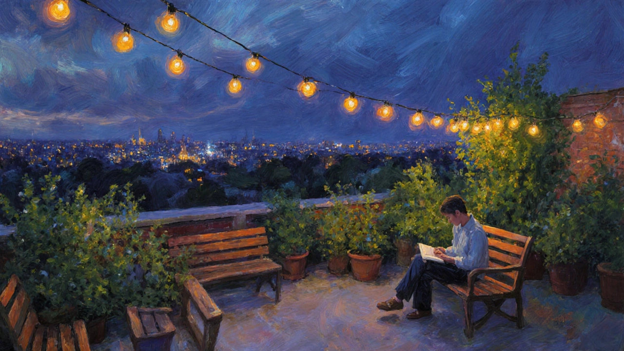 Quiet rooftop garden at dusk with string lights and a person relaxing.