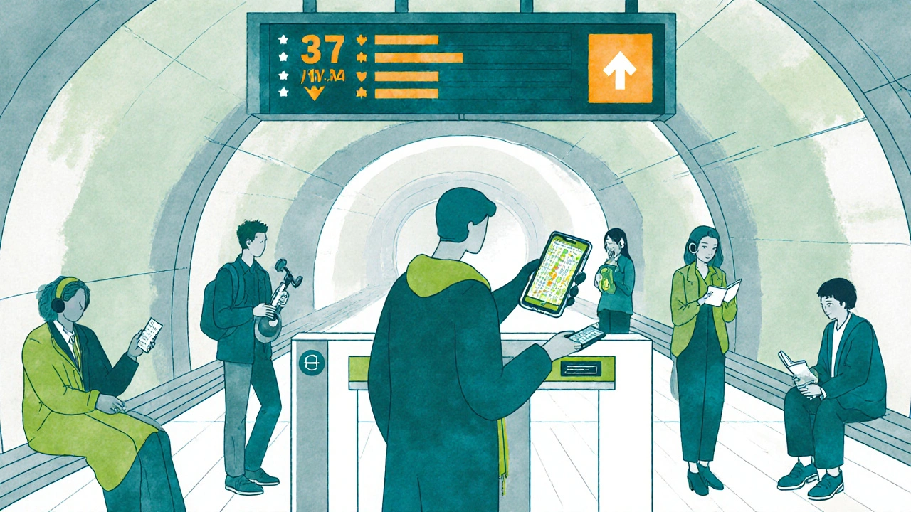 Subway station with commuter tapping a transit card and a phone displaying a map app.