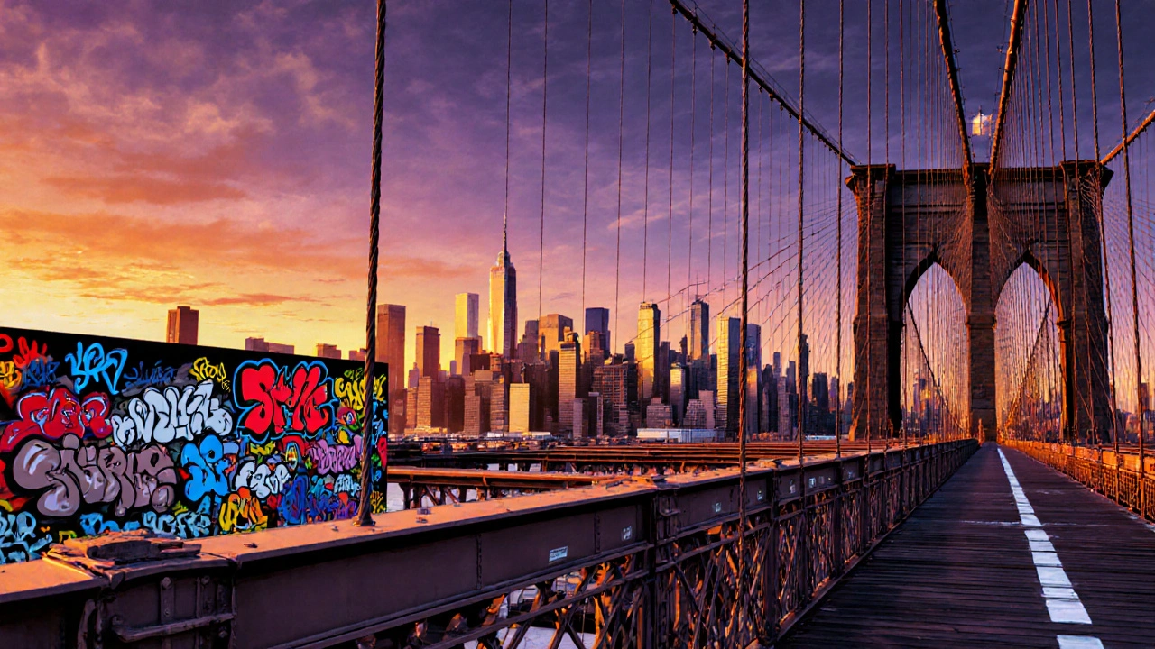Sunset skyline from Brooklyn Bridge with a vibrant street‑art mural in the foreground.