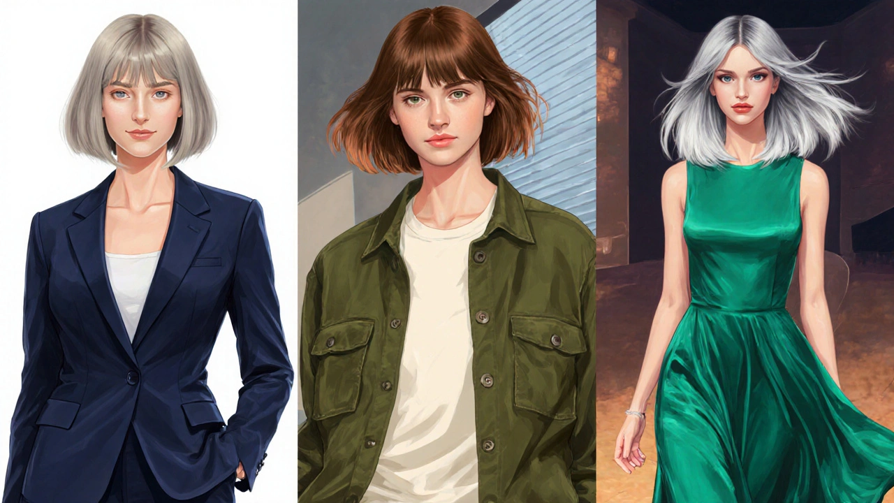 Three models showing coordinated outfits and muted hair tones: navy suit with ash‑blonde, olive jacket with chestnut hair, emerald dress with platinum hair.