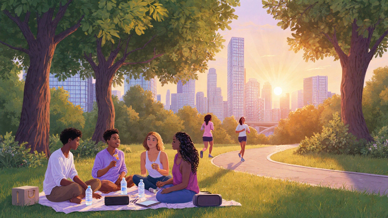 Urban park at sunset with diverse friends picnicking and city skyline in the background.