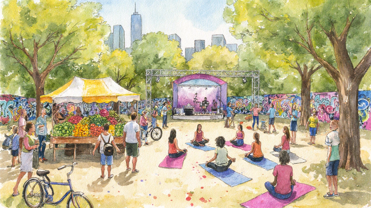 Urban park festival with market stalls, music stage, and diverse neighbors gathering.