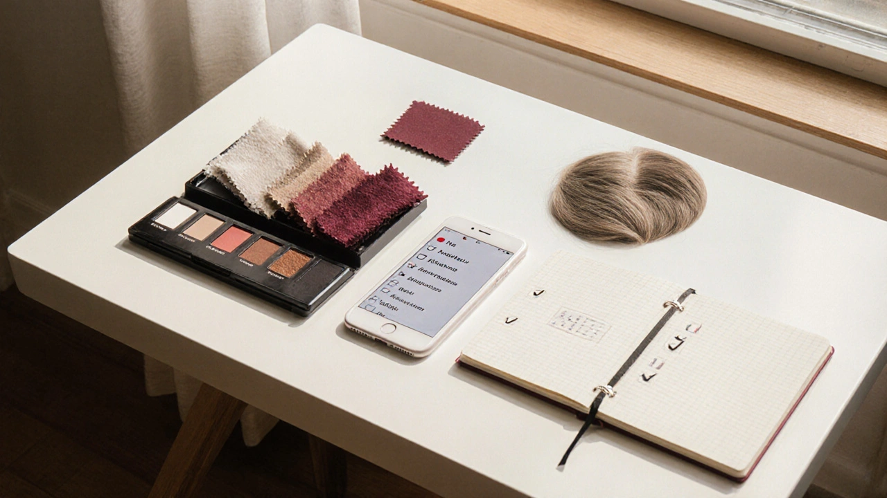 Vanity flat‑lay with fabric swatches, hair color sample, phone color‑picker app, and checklist, illustrating the hair‑color rule.