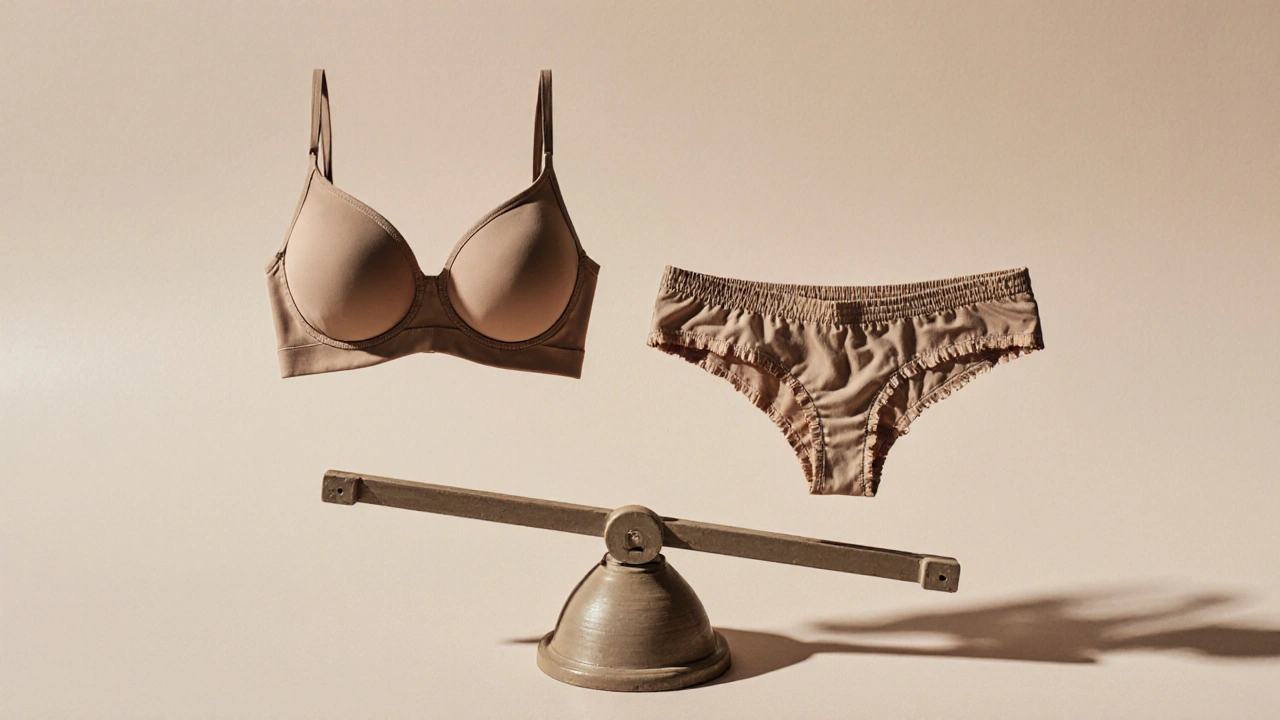 A balanced scale comparing one durable undergarment set against five cheap, worn-out alternatives.