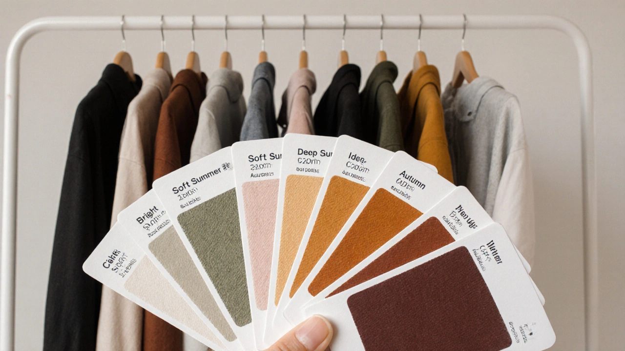 A curated fan of fabric swatches representing the 12 seasonal color types, arranged for personal color identification.