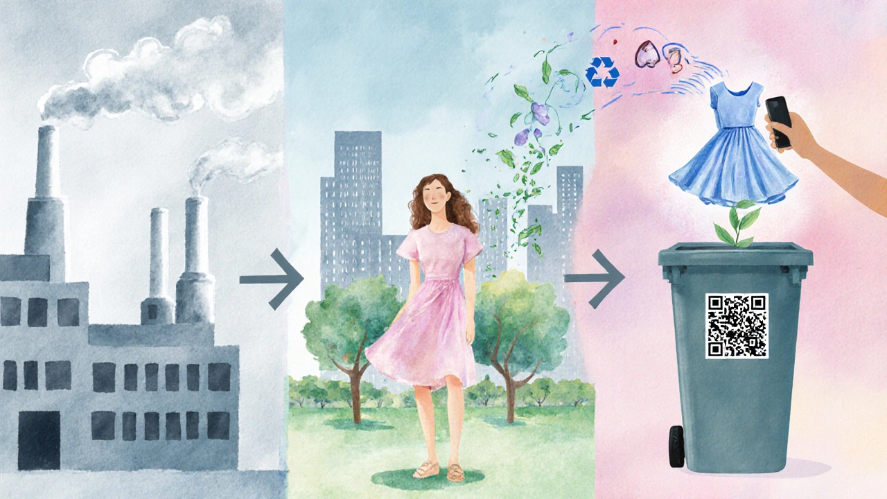 A dress transforming through its lifecycle—from factory to wearer to recycled fibers—illustrated in watercolor.
