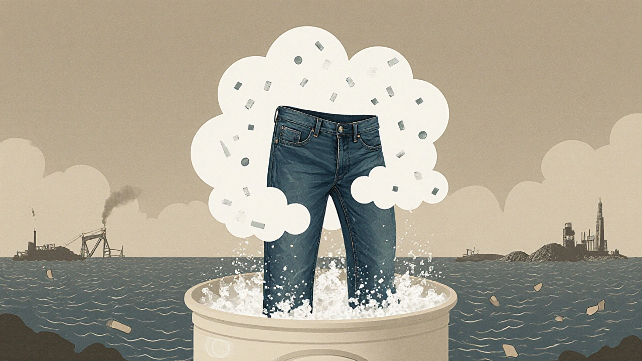 A pair of jeans emitting CO₂ and microplastics during washing, with environmental damage in the background.