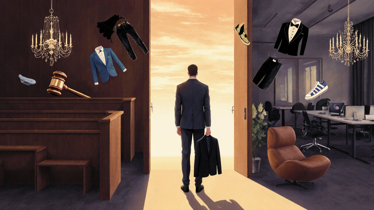 A person at the crossroads of courtroom, startup, and wedding environments with floating clothing symbols.