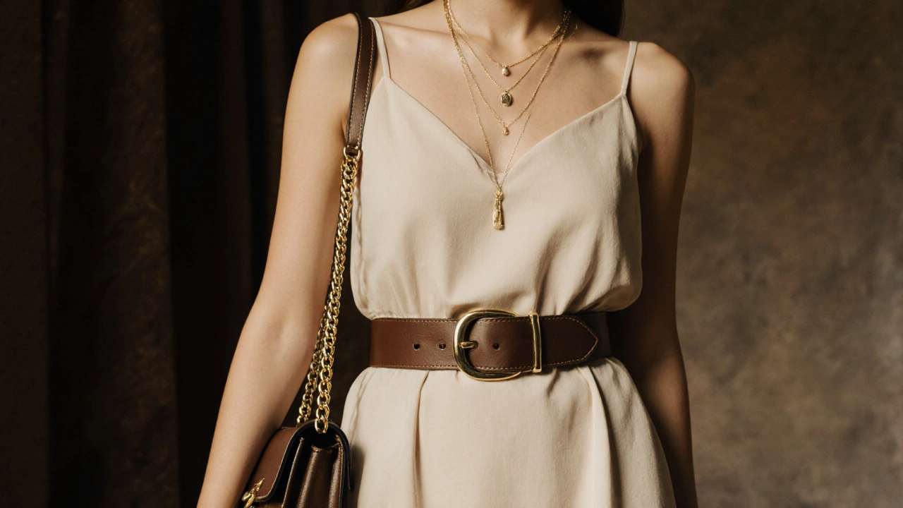 A slip dress with a wide belt and layered necklaces, paired with a small chain strap bag.
