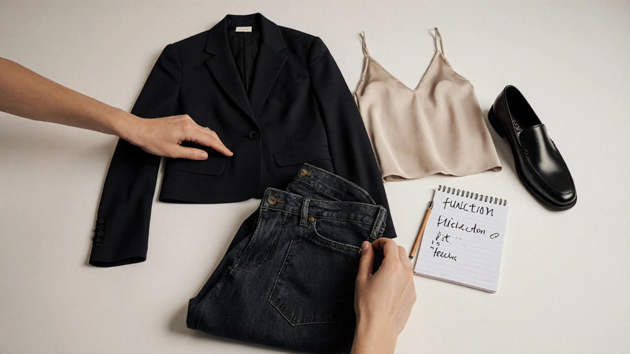 A stylist&#039;s hands arranging curated clothing items with notes on function, fit, and feeling.