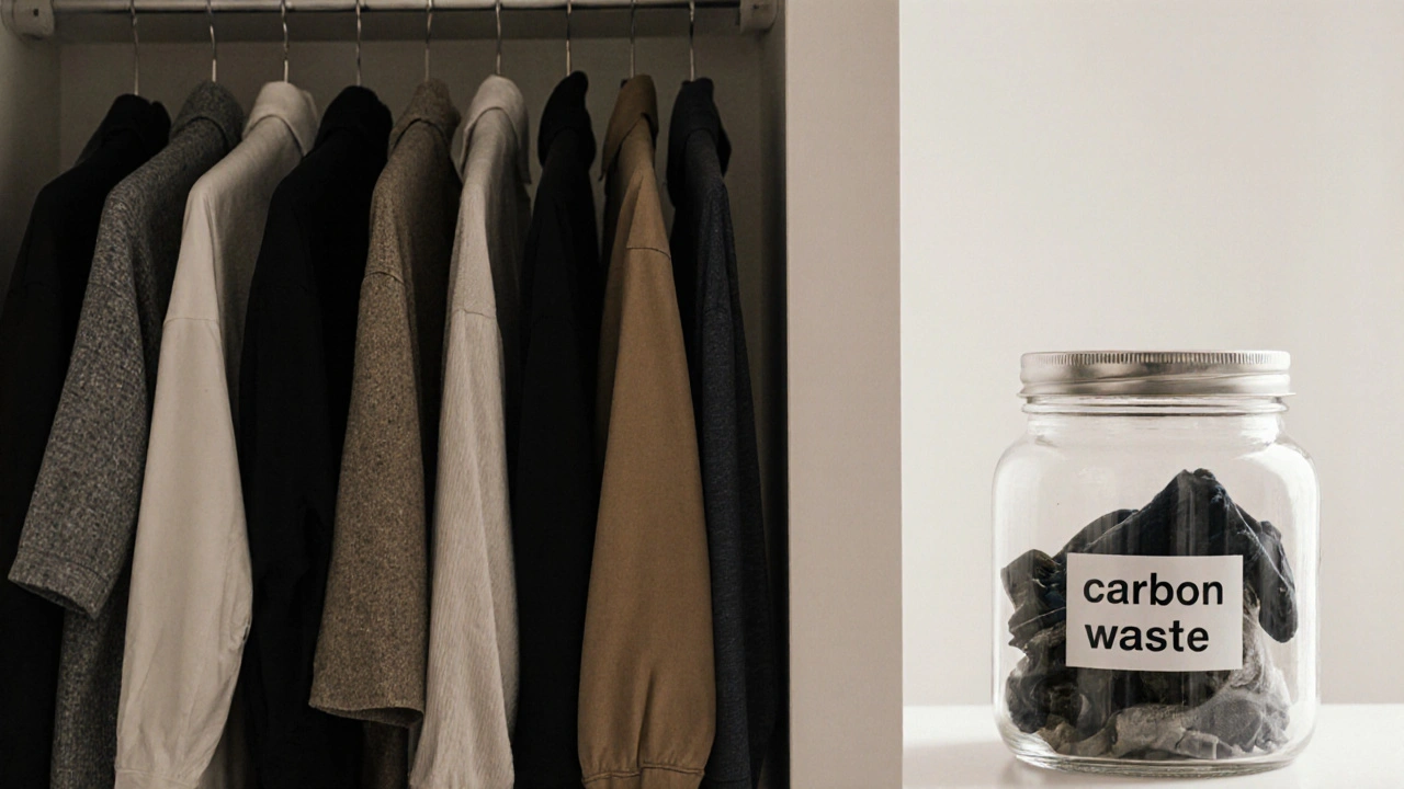 A tidy closet with 30 cherished items beside a jar of discarded clothes labeled &#039;carbon waste.&#039;