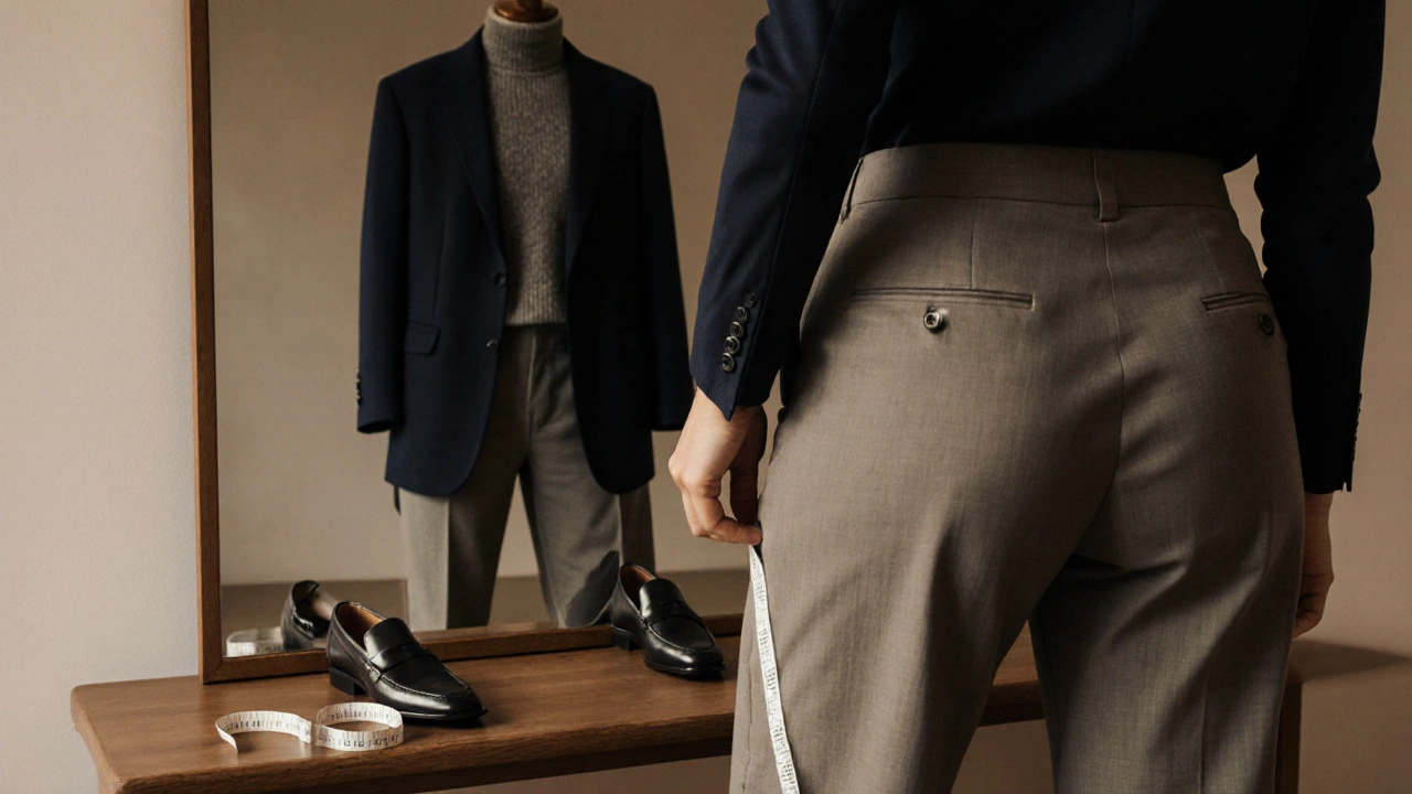 A woman adjusting tailored trousers in front of a mirror, with a tailor&#039;s tape and curated clothing on a wooden bench nearby.