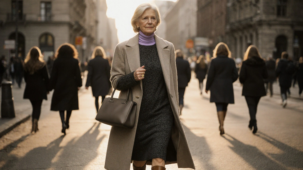 A woman walking confidently down a city street in a wool coat and charcoal dress, wearing ankle boots and a structured bag.