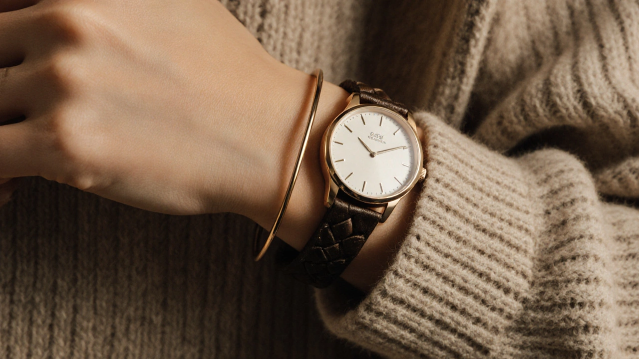 A wrist with three delicate accessories: a bangle, watch, and woven bracelet in gold and leather.
