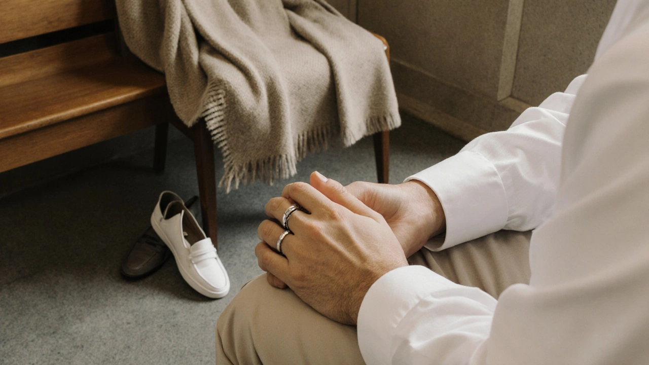Close-up of hands with simple wedding bands resting on a wooden bench, white sneakers and cashmere wrap nearby.