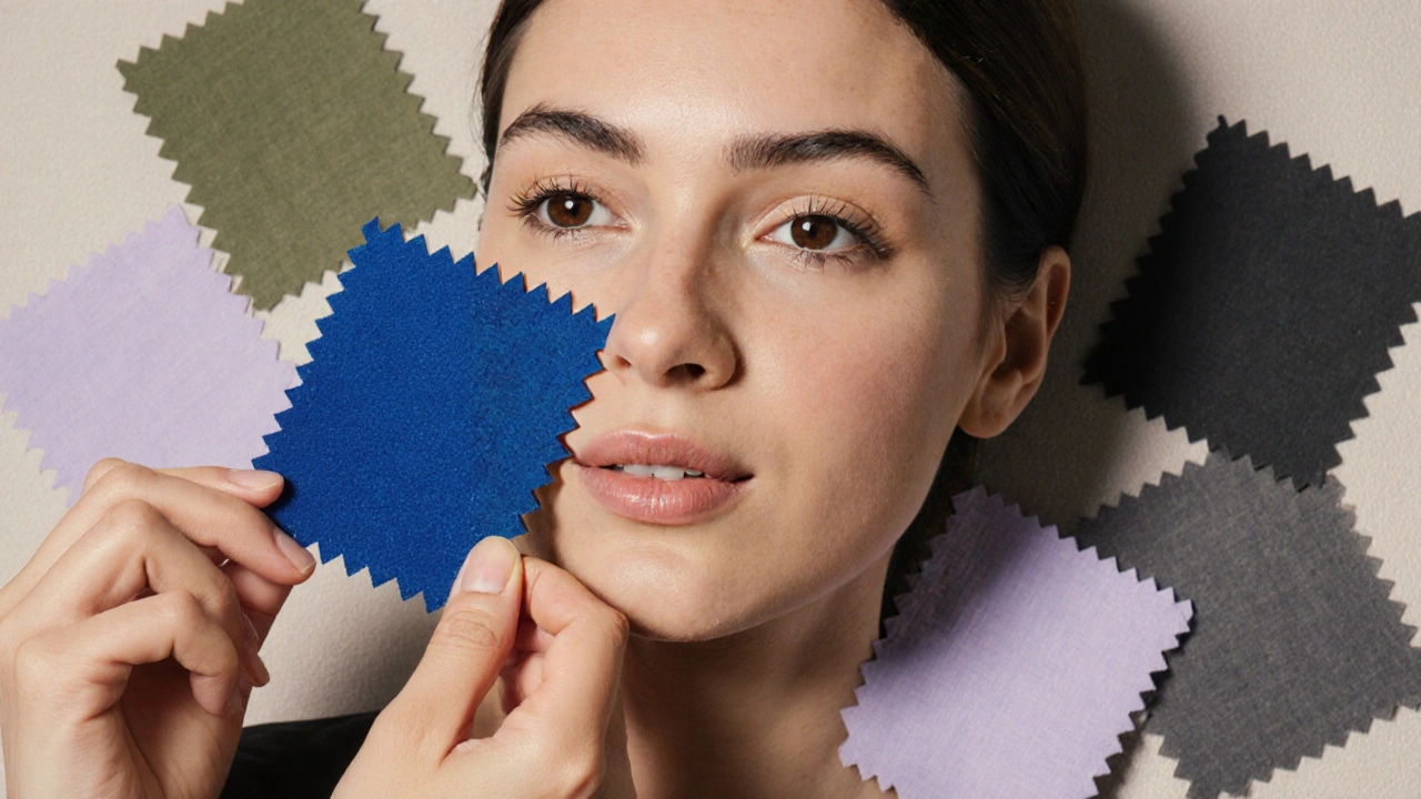 Close-up of icy blue fabric enhancing a woman&#039;s skin tone under daylight, with other swatches nearby.