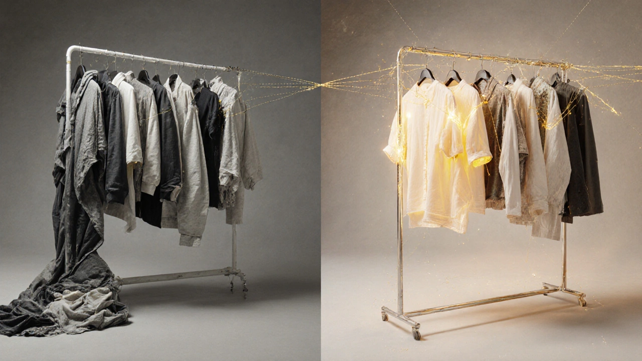 Clothing rack transforming from ill-fitting to perfectly fitted garments with golden threads.