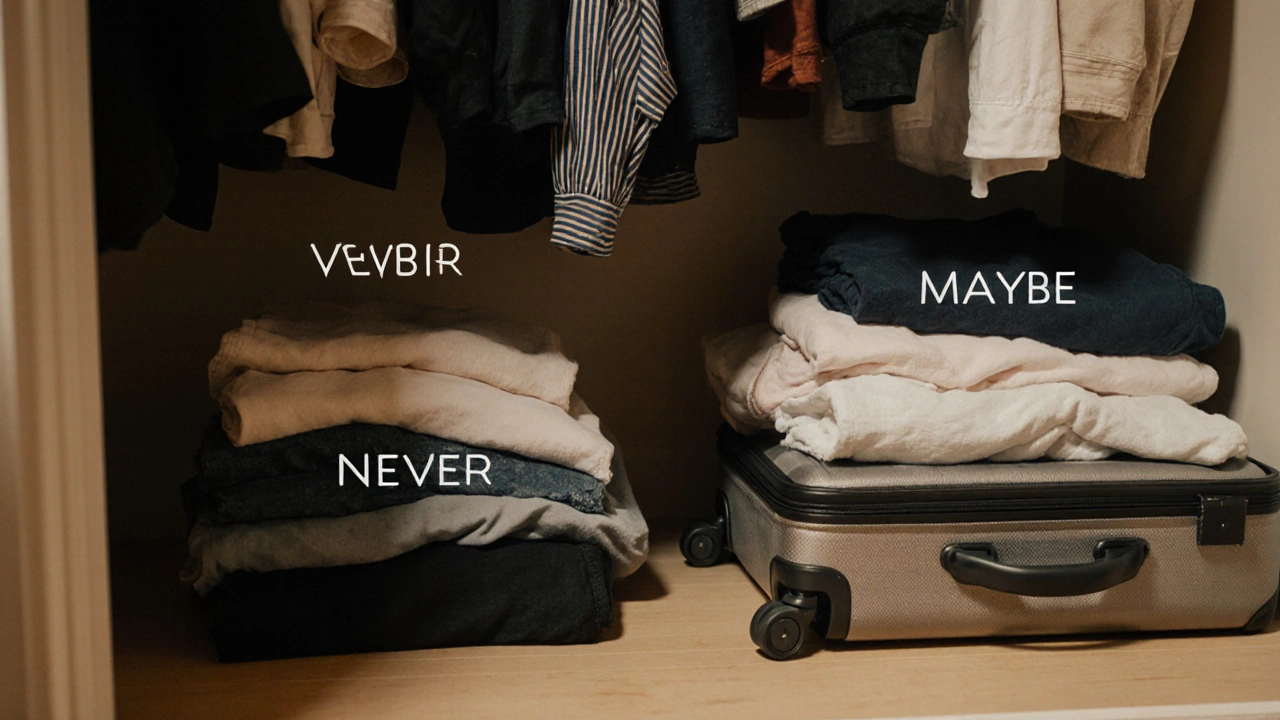 Clothing sorted into three piles next to an open carry-on suitcase in a decluttered closet.