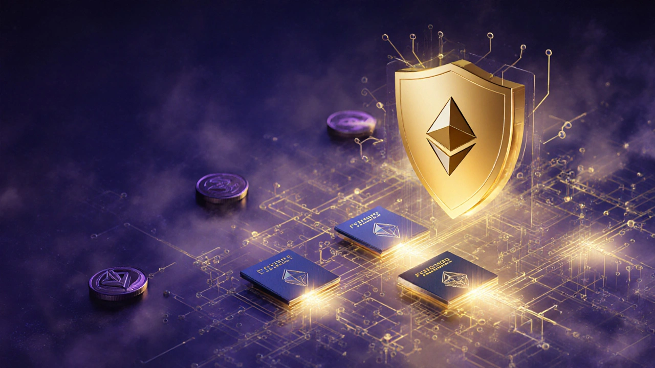 Ethereum transactions with digital compliance passports activating automatically around high-risk transfers.