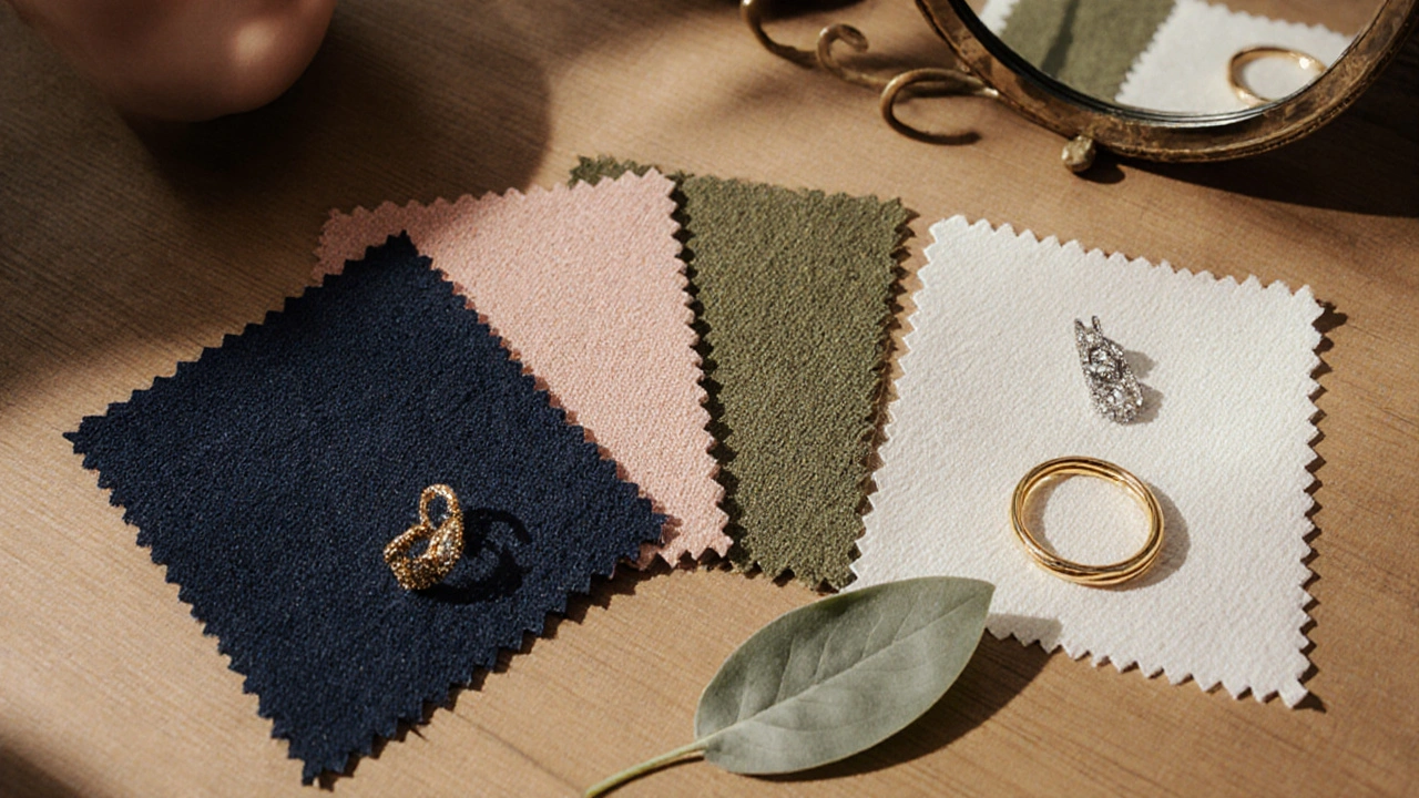 Five fabric swatches and jewelry on wood with a mirror reflecting a face, symbolizing personalized color harmony.