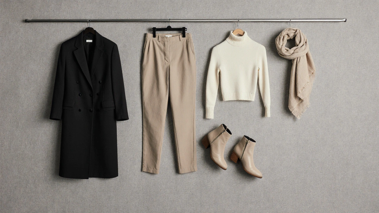 Five key petite wardrobe pieces arranged vertically to emphasize elongated proportions.